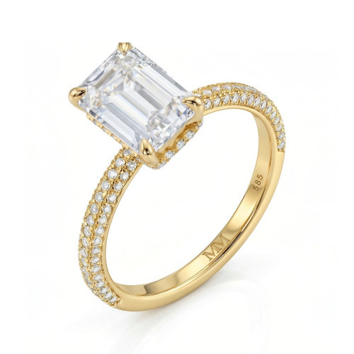 Veridian - Ring med moissanite i smaragdslibning og pavéfattet ringskinne