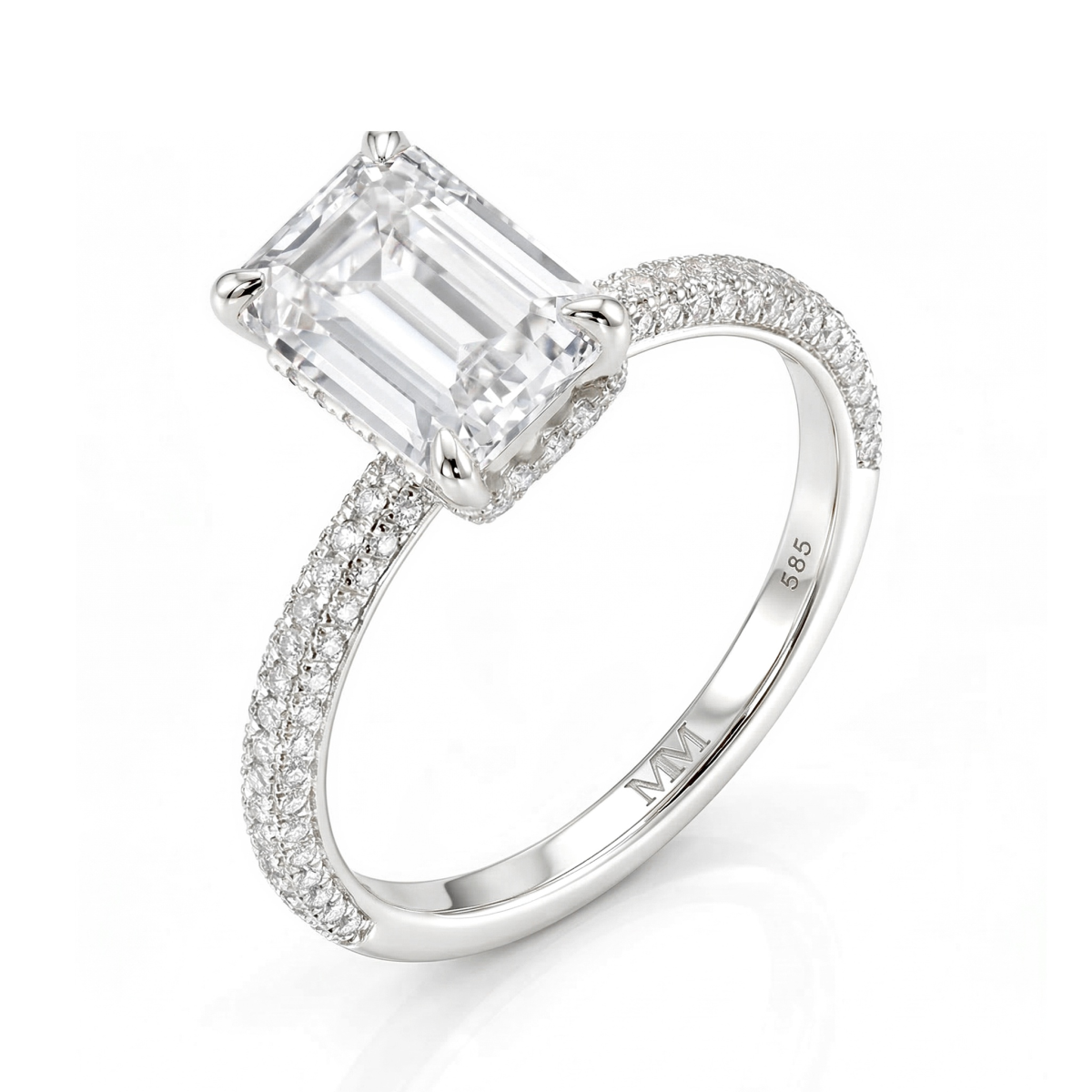 Veridian - Ring med moissanite i smaragdslibning og pavéfattet ringskinne