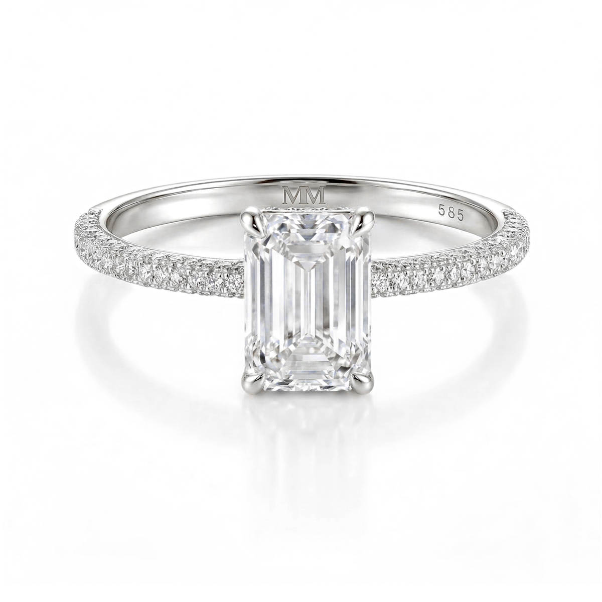 Veridian - Ring med moissanite i smaragdslibning og pavéfattet ringskinne