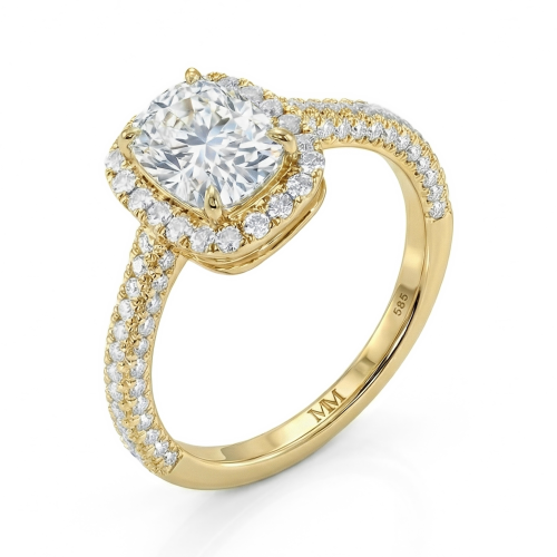 Plushette - Forlovelsesring med moissanite i aflang cushionslibning, halo og mikropavéringskinne