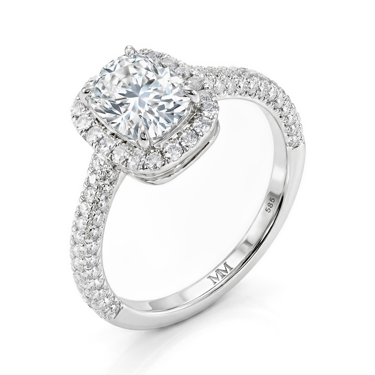 Plushette - Forlovelsesring med moissanite i aflang cushionslibning, halo og mikropavéringskinne