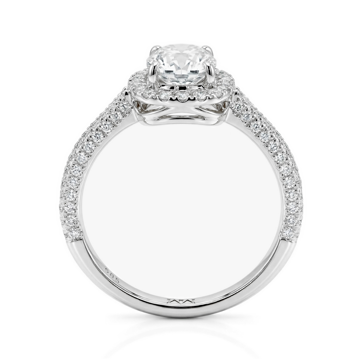 Plushette - Forlovelsesring med moissanite i aflang cushionslibning, halo og mikropavéringskinne