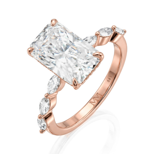 Luminaire - Ring med radiantsleben moissanite, marquiseslebne sidesten og skjult halo