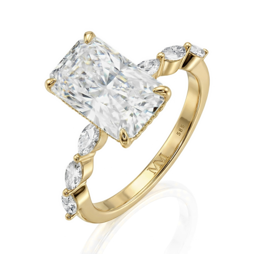 Luminaire - Ring med radiantsleben moissanite, marquiseslebne sidesten og skjult halo