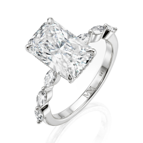 Luminaire - Ring med radiantsleben moissanite, marquiseslebne sidesten og skjult halo