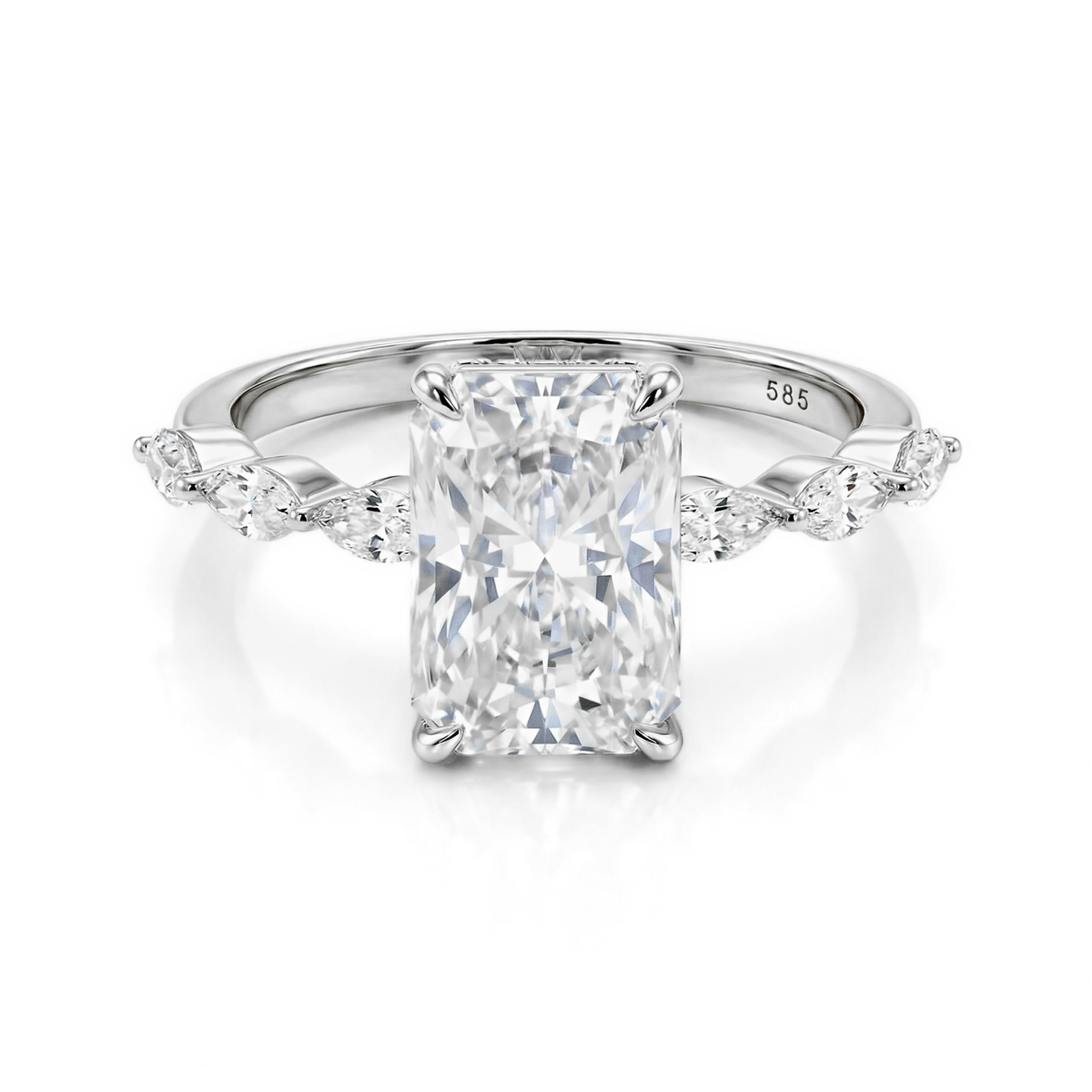 Luminaire - Ring med radiantsleben moissanite, marquiseslebne sidesten og skjult halo