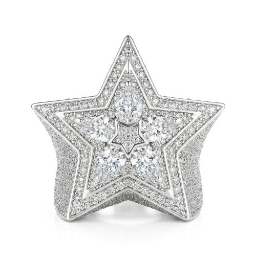 Zenith - Herrering med stjernemotiv, moissanite med dråbeformet slibning og pavéfatning