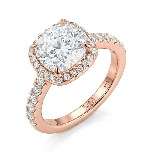 Candesce - Forlovelsesring med halo, moissanite med cushionslibning og dekoreret ringskinne