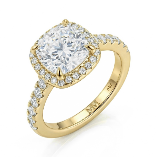 Candesce - Forlovelsesring med halo, moissanite med cushionslibning og dekoreret ringskinne