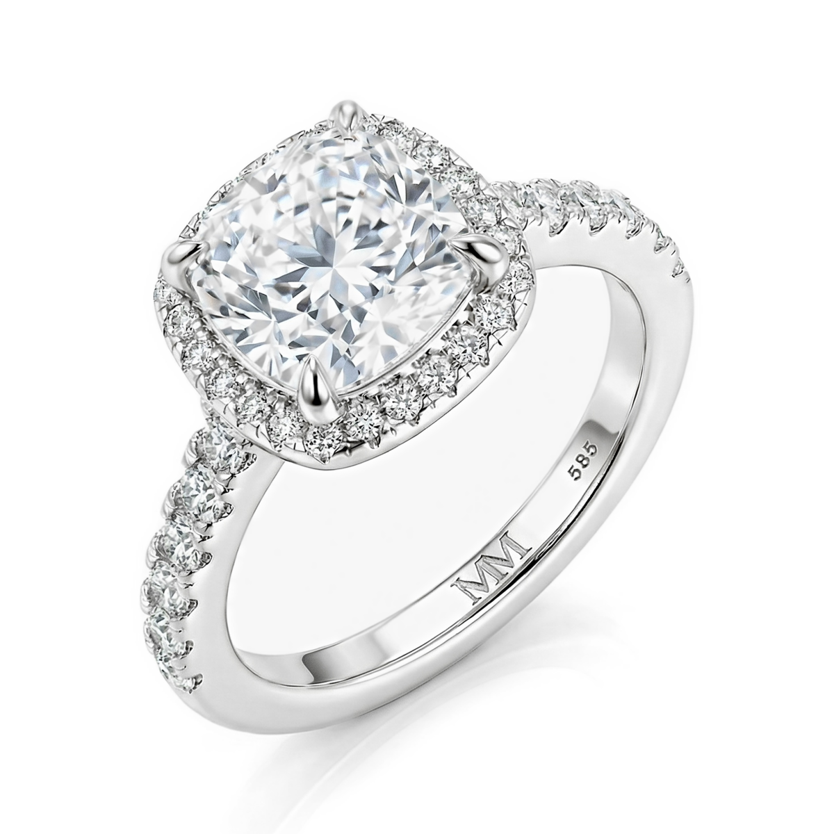 Candesce - Forlovelsesring med halo, moissanite med cushionslibning og dekoreret ringskinne