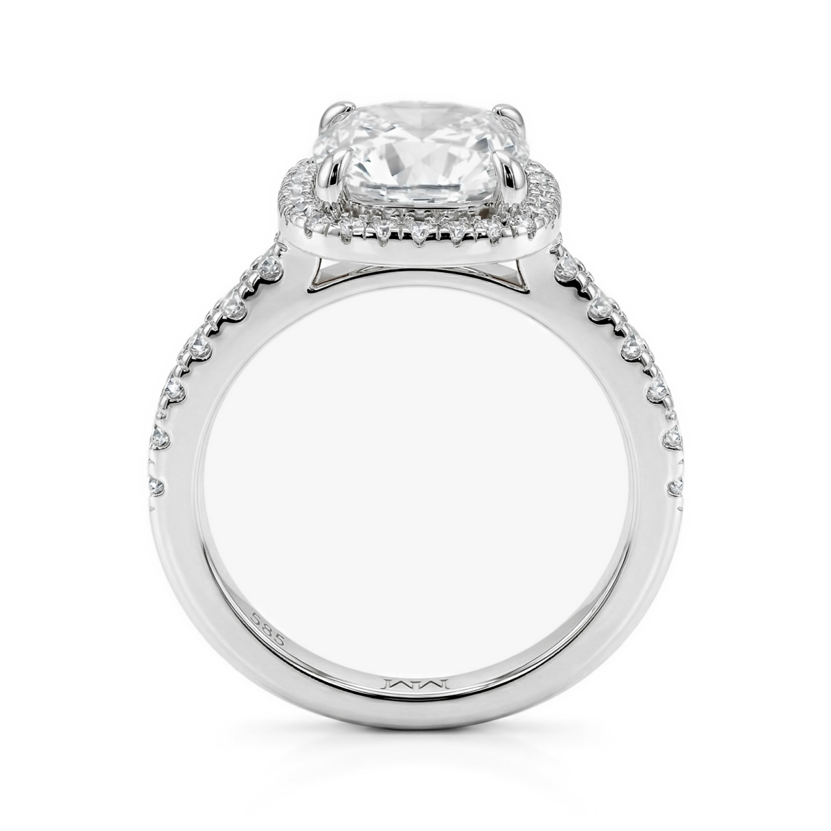 Candesce - Forlovelsesring med halo, moissanite med cushionslibning og dekoreret ringskinne