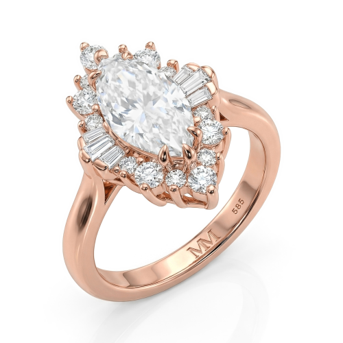 Crownique - Forlovelsesring med marquisesleben moissanite, halo og baguetteslebne accentsten