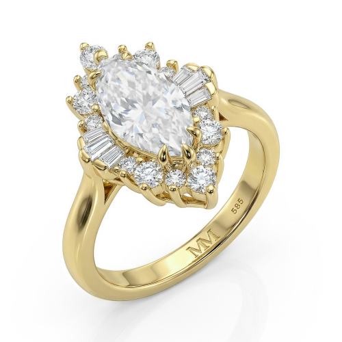 Crownique - Forlovelsesring med marquisesleben moissanite, halo og baguetteslebne accentsten