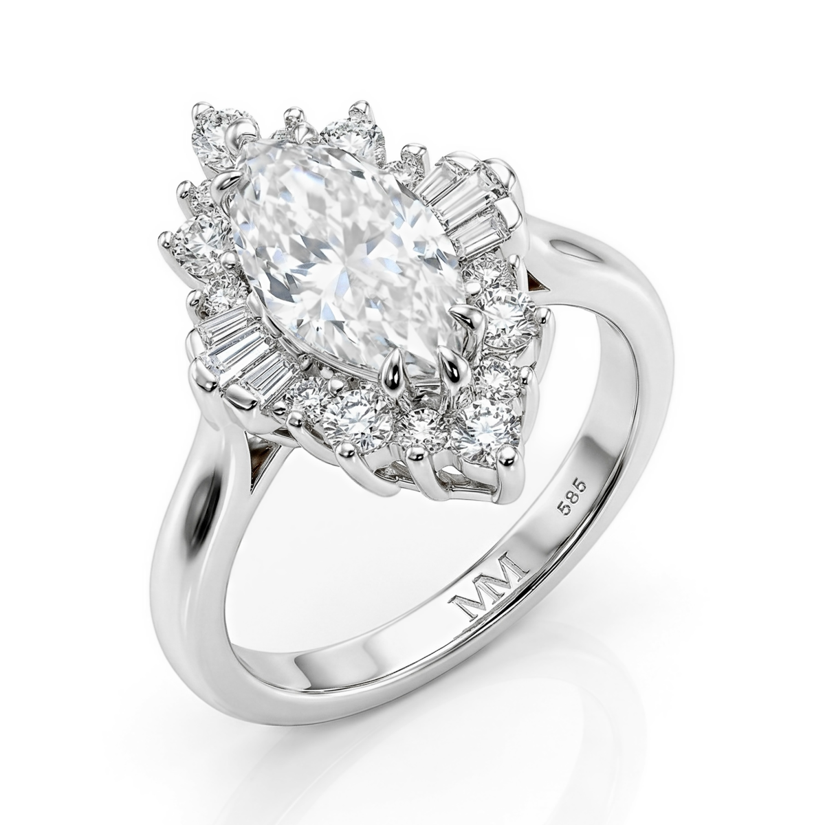 Crownique - Forlovelsesring med marquisesleben moissanite, halo og baguetteslebne accentsten