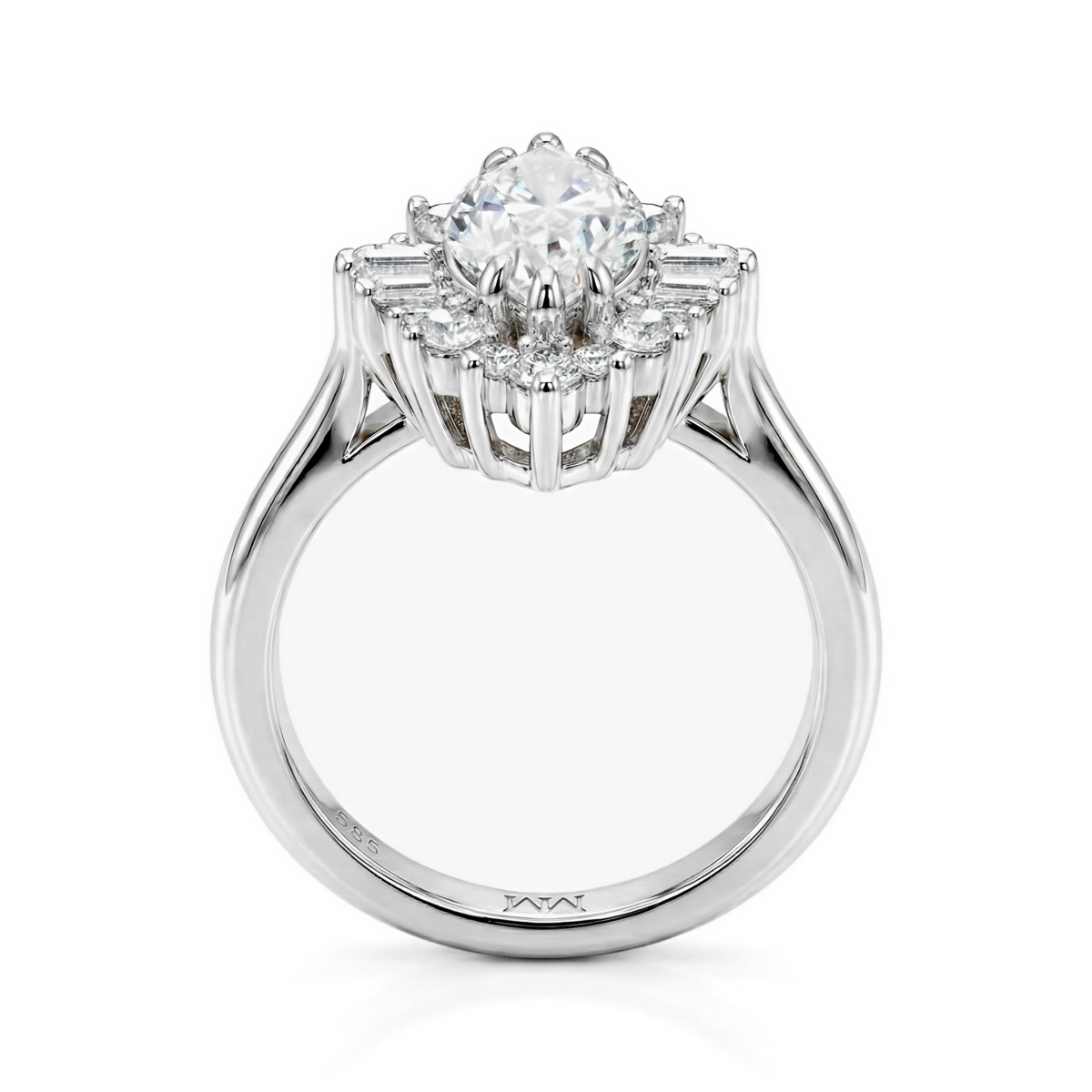 Crownique - Forlovelsesring med marquisesleben moissanite, halo og baguetteslebne accentsten