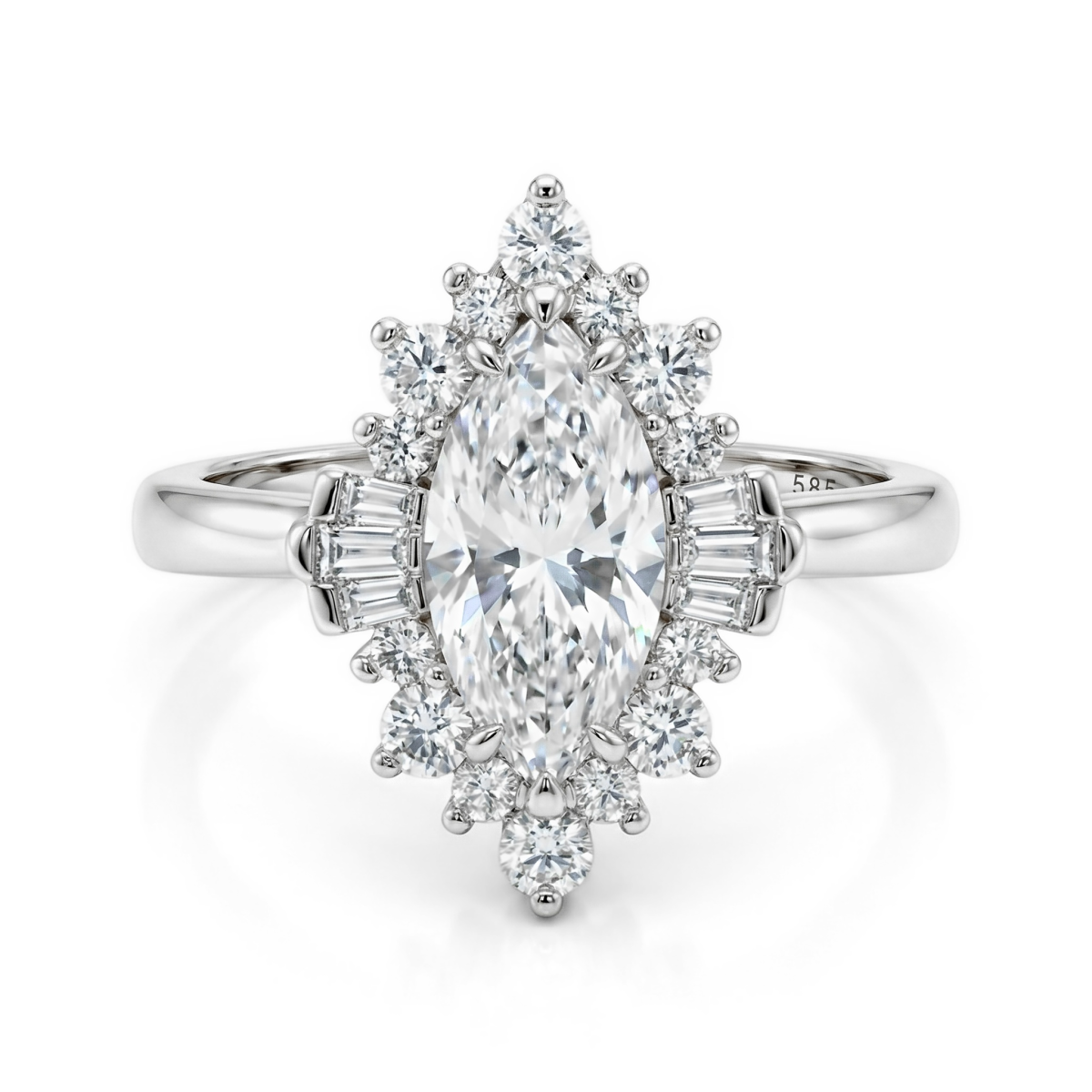 Crownique - Forlovelsesring med marquisesleben moissanite, halo og baguetteslebne accentsten