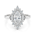 Crownique - Forlovelsesring med marquisesleben moissanite, halo og baguetteslebne accentsten