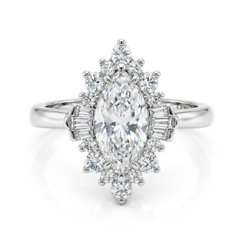 Crownique - Forlovelsesring med marquisesleben moissanite, halo og baguetteslebne accentsten