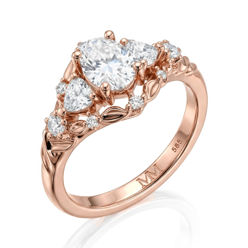 Gardenia - Forlovelsesring med oval moissanite og hjerteformede og runde accenter