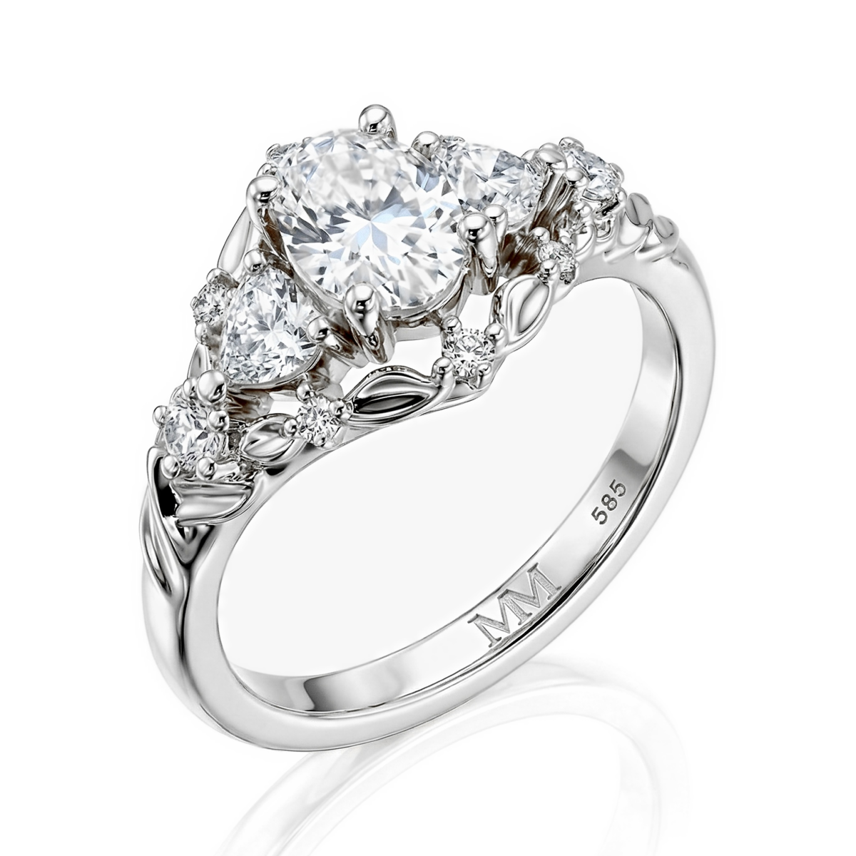 Gardenia - Forlovelsesring med oval moissanite og hjerteformede og runde accenter