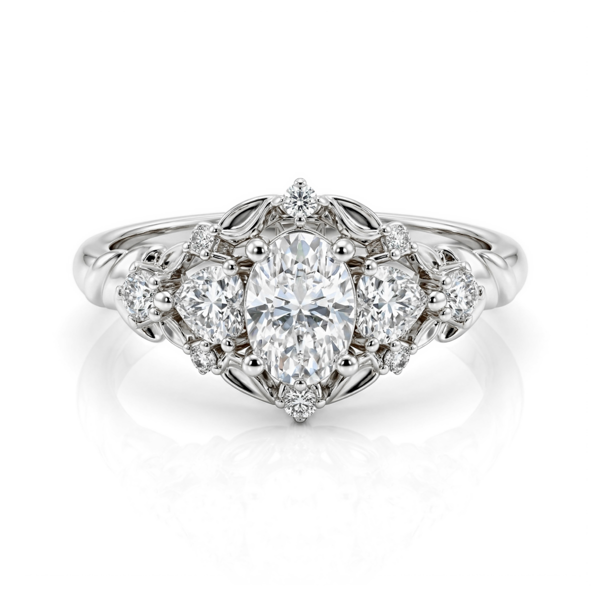 Gardenia - Forlovelsesring med oval moissanite og hjerteformede og runde accenter