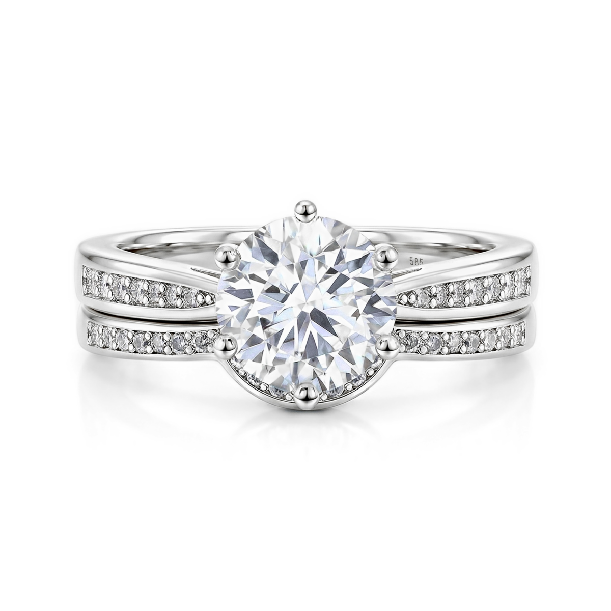 Vespera - Brudesæt med moissanite, pavéfattede accentsten og delt ringskinne