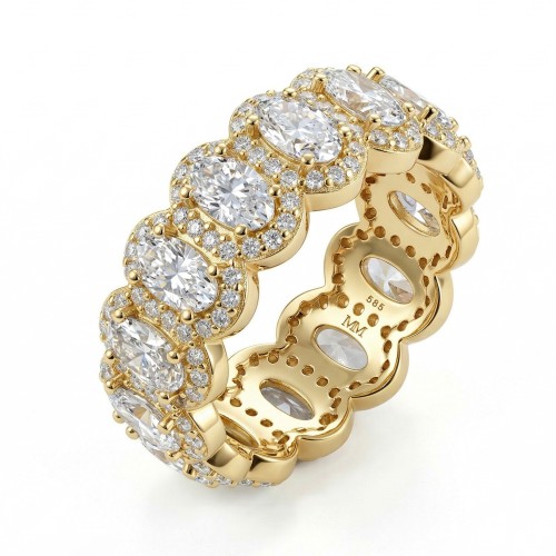Opaline - Alliancering med moissanite i oval slibning og pavéhalo med bølget kant