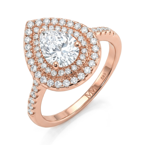 Athena - Forlovelsesring med dråbeformet moissanite, dobbelt halo og pavéfattet ringskinne