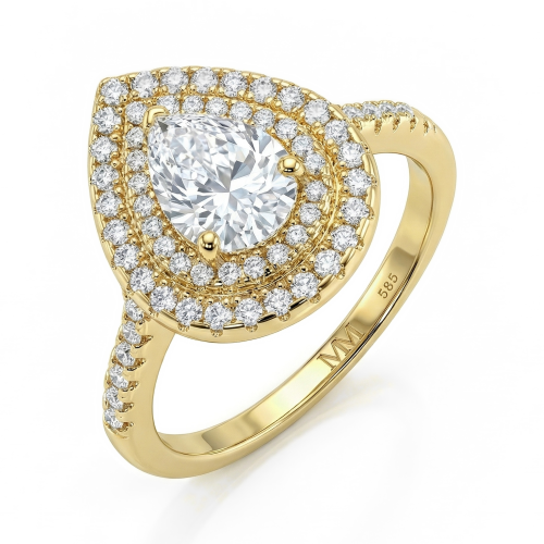 Athena - Forlovelsesring med dråbeformet moissanite, dobbelt halo og pavéfattet ringskinne