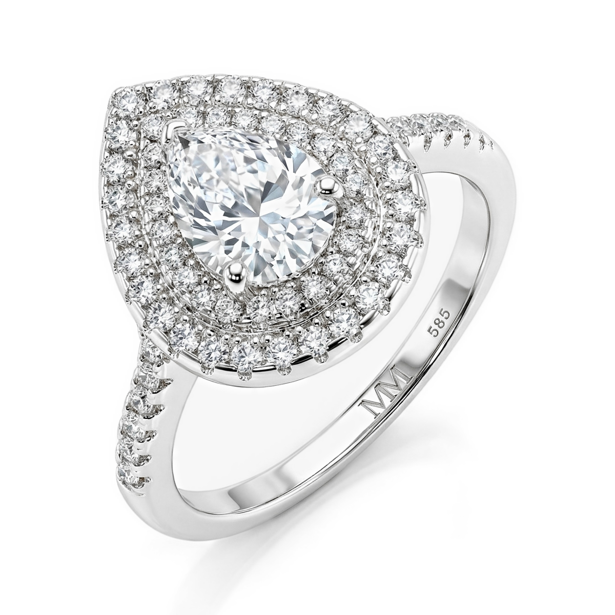 Athena - Forlovelsesring med dråbeformet moissanite, dobbelt halo og pavéfattet ringskinne