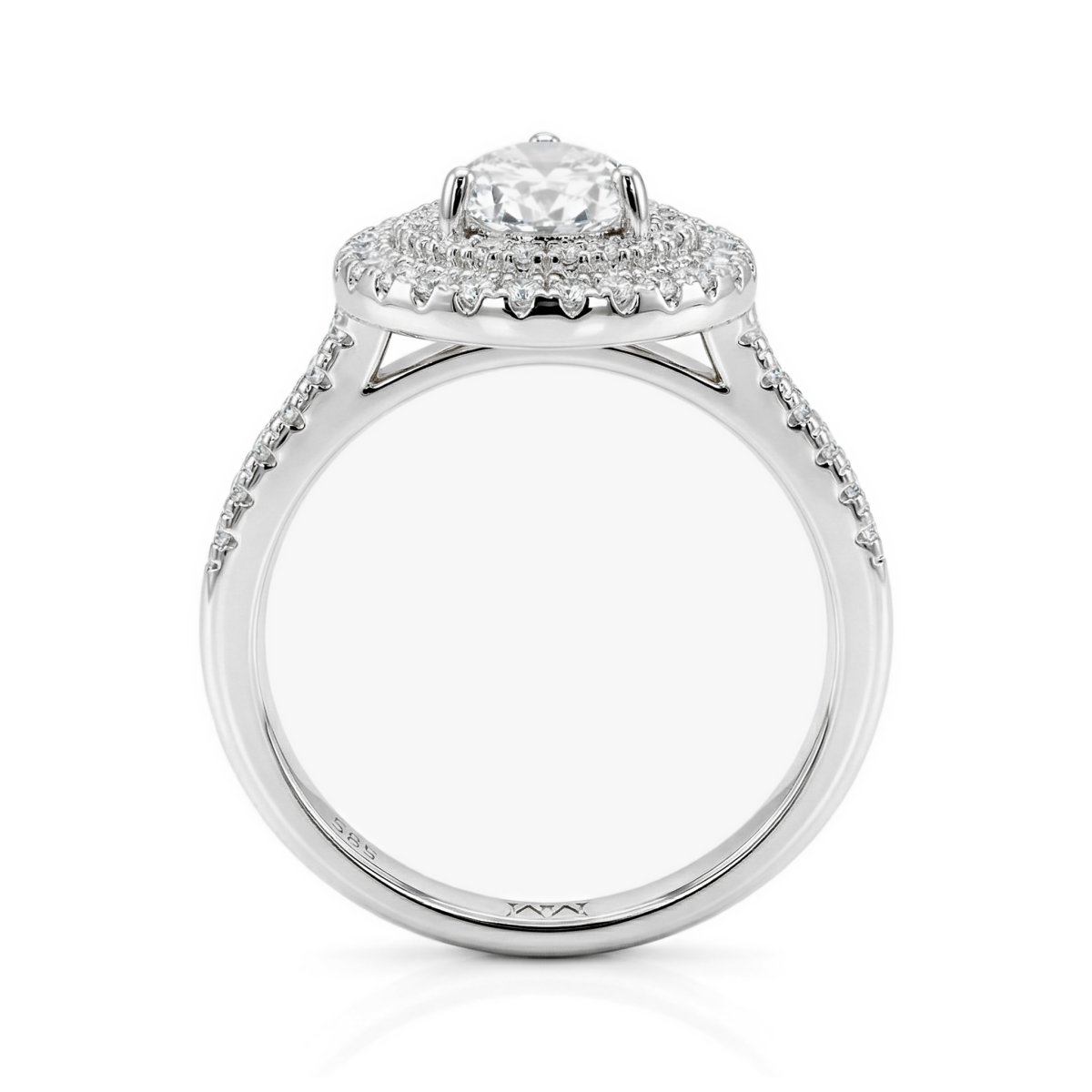 Athena - Forlovelsesring med dråbeformet moissanite, dobbelt halo og pavéfattet ringskinne