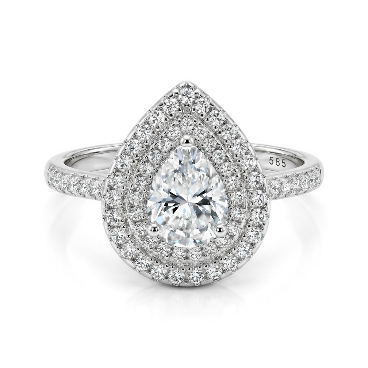 Athena - Forlovelsesring med dråbeformet moissanite, dobbelt halo og pavéfattet ringskinne