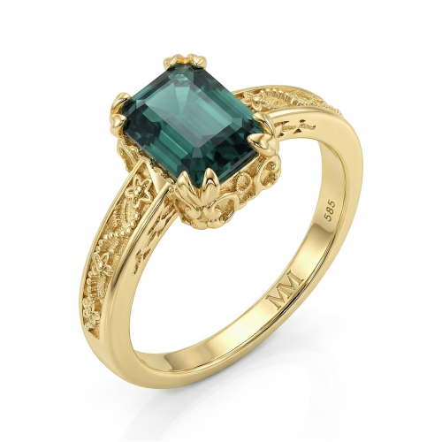 Verdisia - Vintageinspireret floral forlovelsesring med smaragdslibet grøn moissanite
