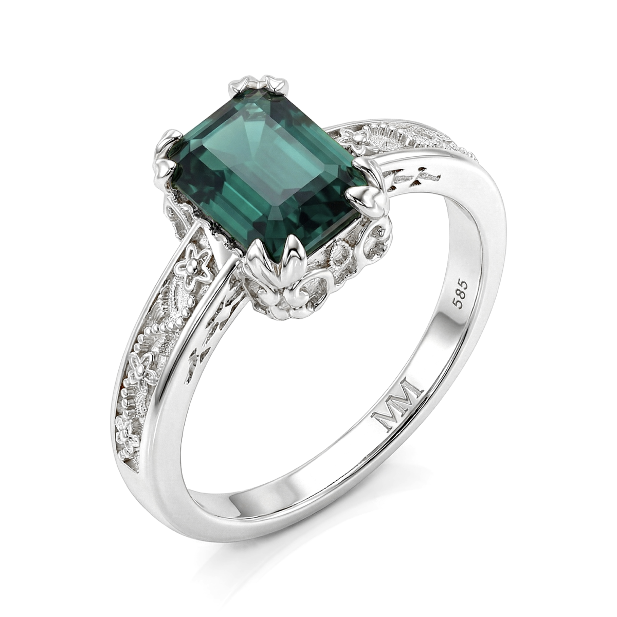 Verdisia - Vintageinspireret floral forlovelsesring med smaragdslibet grøn moissanite