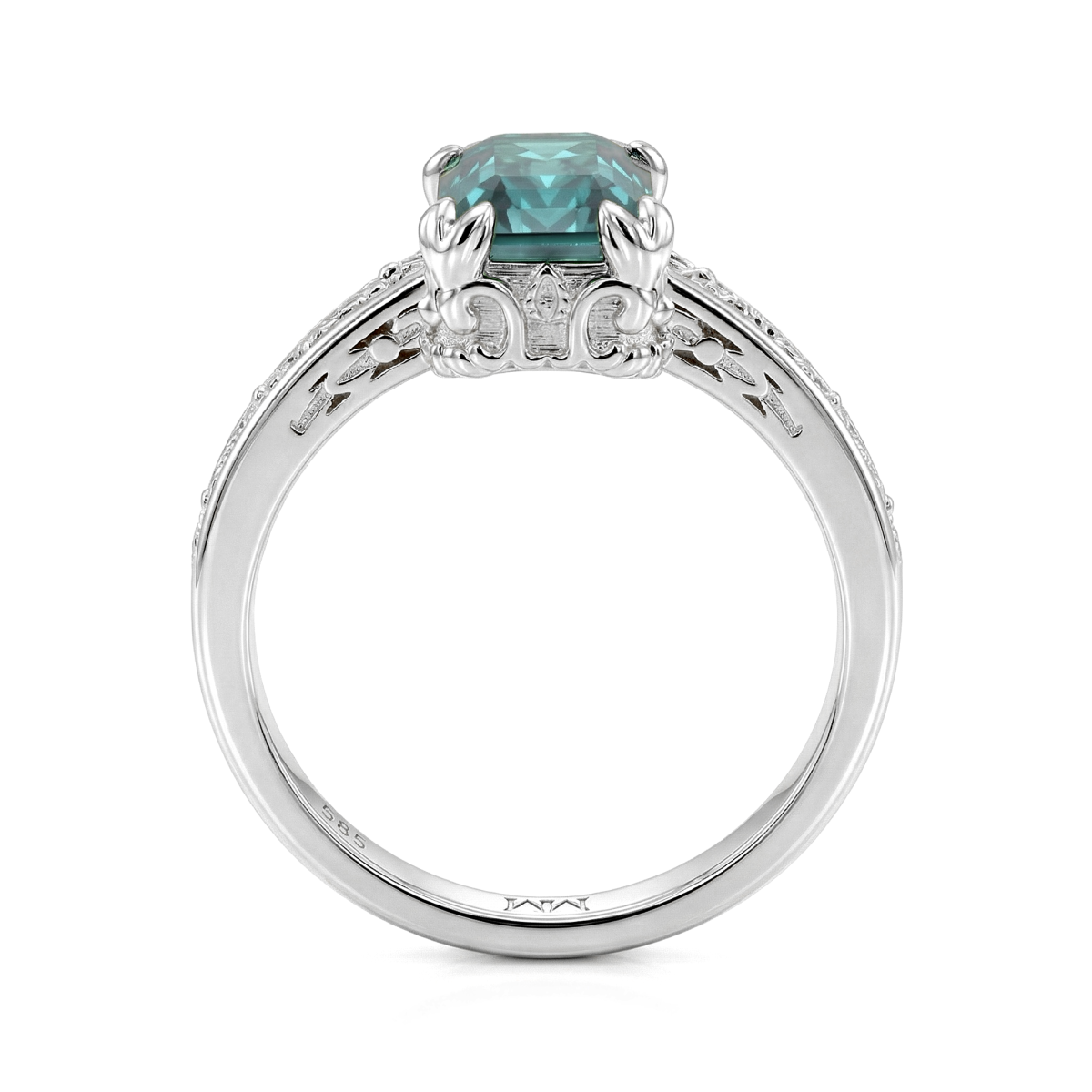 Verdisia - Vintageinspireret floral forlovelsesring med smaragdslibet grøn moissanite