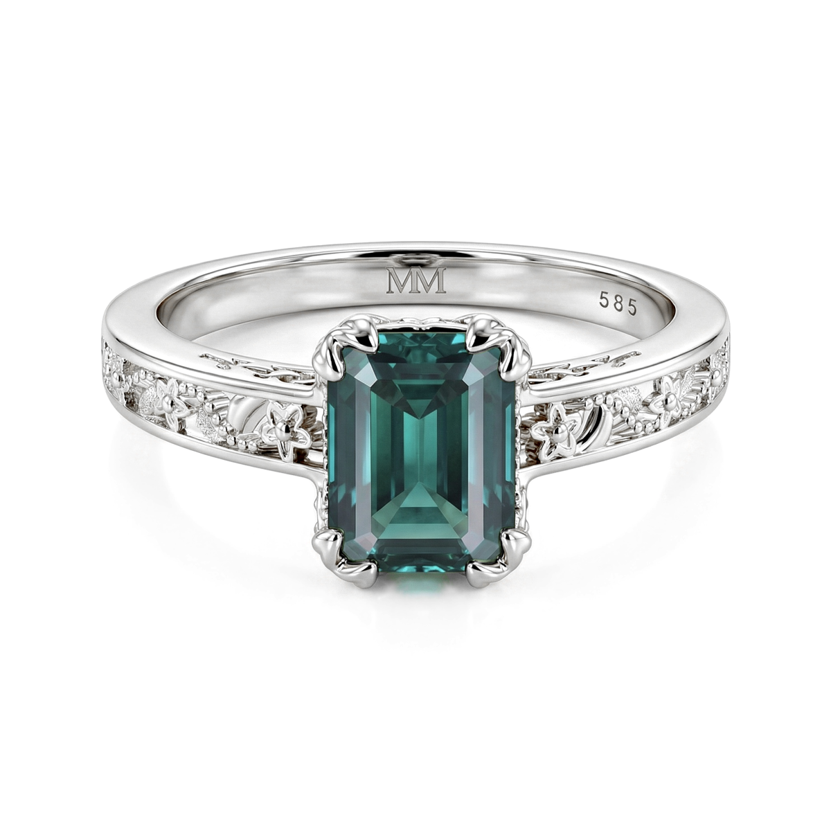 Verdisia - Vintageinspireret floral forlovelsesring med smaragdslibet grøn moissanite