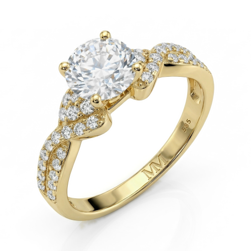 Mirari - Moissanite-forlovelsesring med snoet delt ringskinne og pavéfattede accentsten