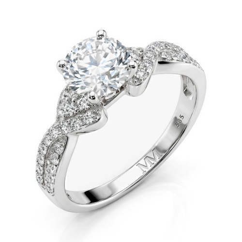 Mirari - Moissanite-forlovelsesring med snoet delt ringskinne og pavéfattede accentsten