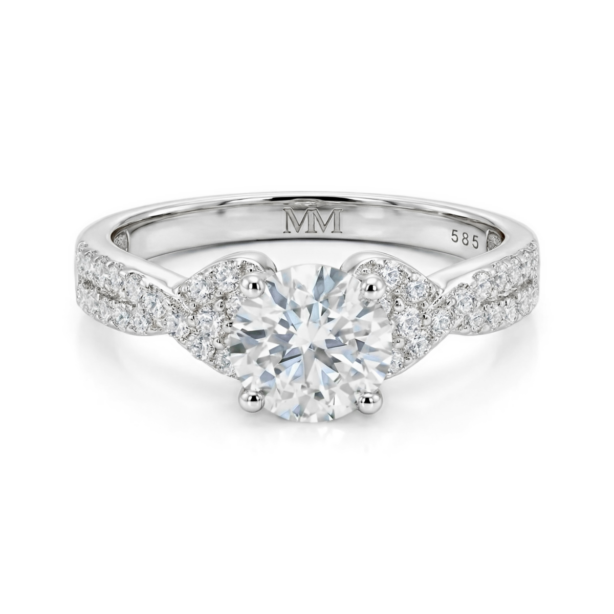 Mirari - Moissanite-forlovelsesring med snoet delt ringskinne og pavéfattede accentsten