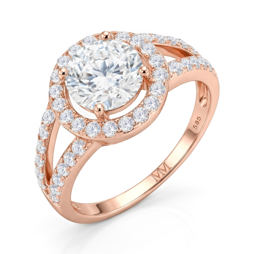 Regalyn - Moissaniteforlovelsesring med halo og delt ringskinne