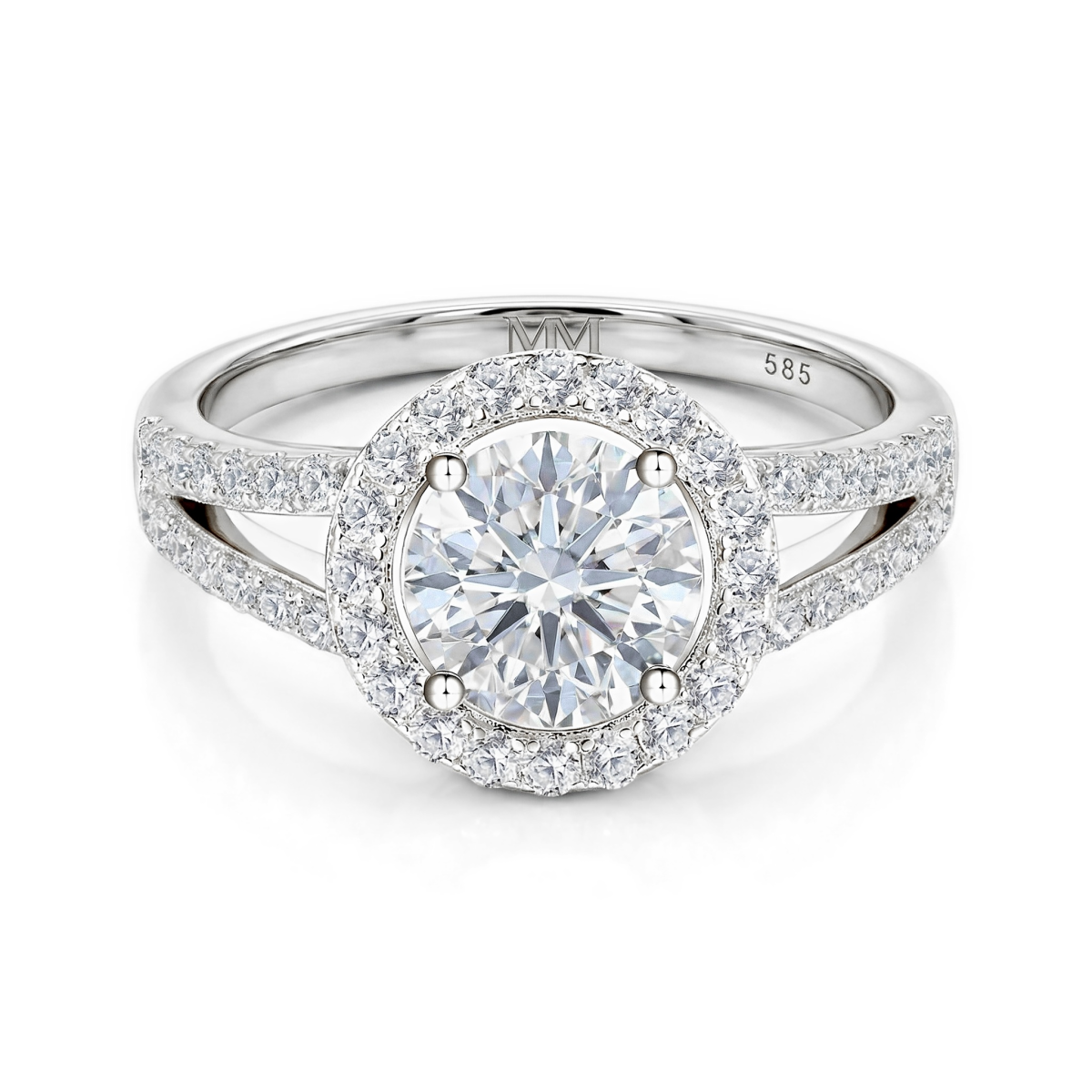 Regalyn - Moissaniteforlovelsesring med halo og delt ringskinne