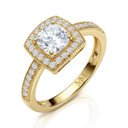Sanctum - Forlovelsesring med moissanite i cushionslibning, vintagehalo og pavéringskinne