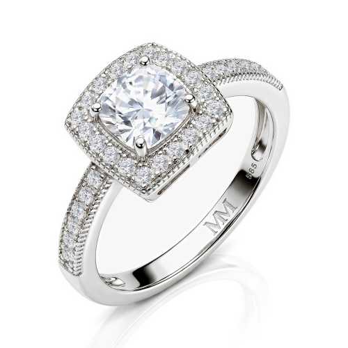 Sanctum - Forlovelsesring med moissanite i cushionslibning, vintagehalo og pavéringskinne