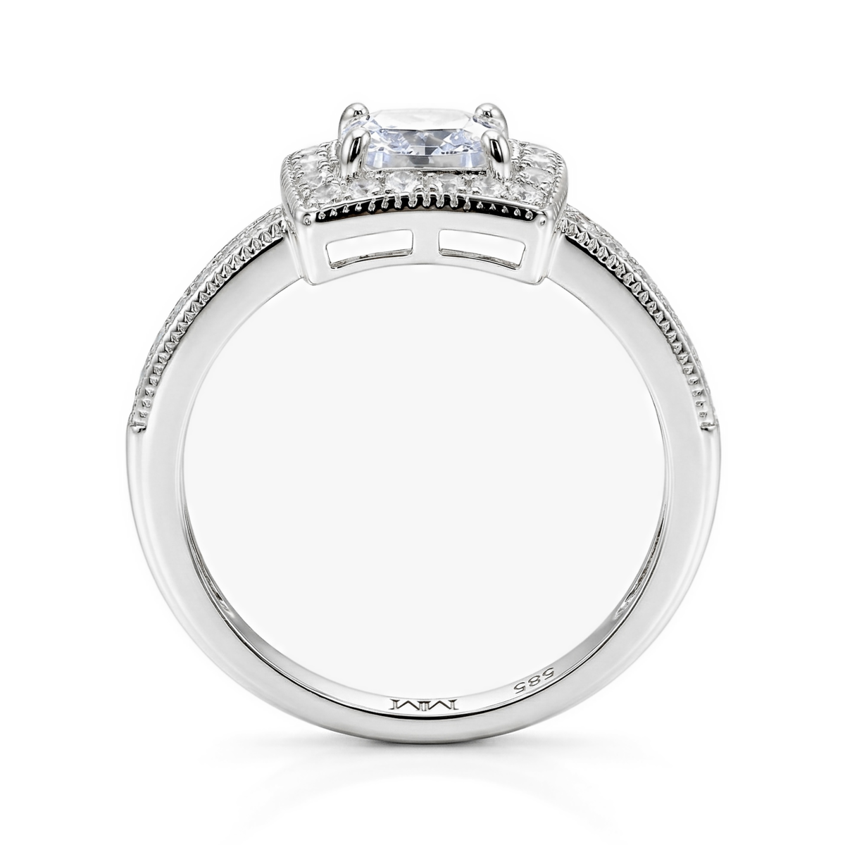 Sanctum - Forlovelsesring med moissanite i cushionslibning, vintagehalo og pavéringskinne