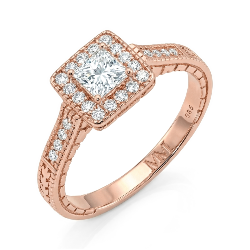Paragone - Halo-forlovelsesring med moissanite i prinsesseslibning og struktureret ringskinne