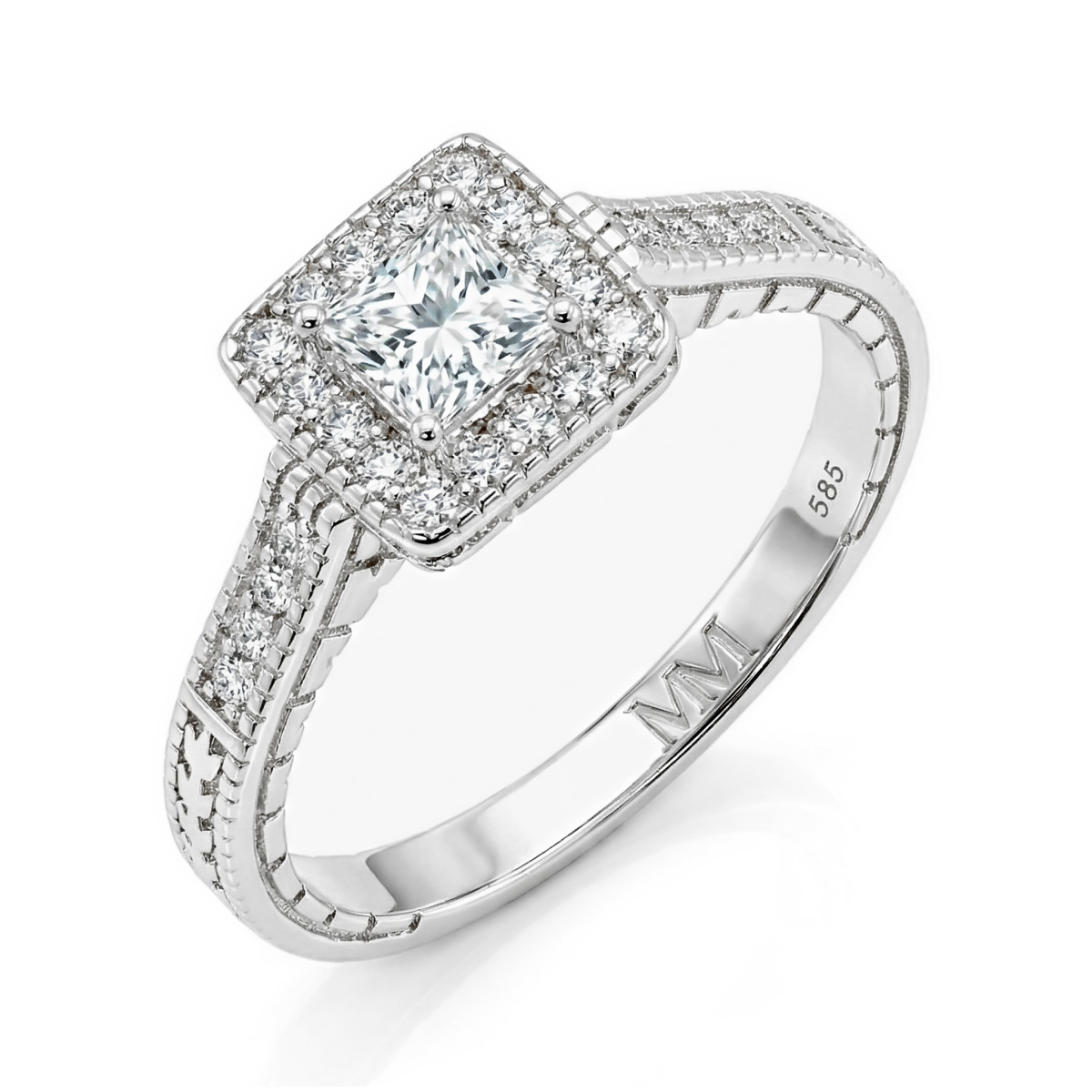 Paragone - Halo-forlovelsesring med moissanite i prinsesseslibning og struktureret ringskinne