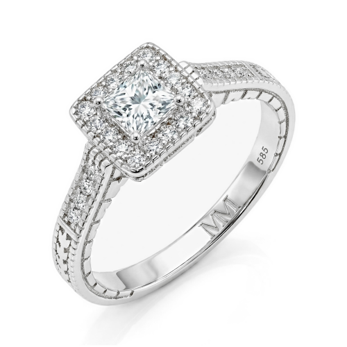 Paragone - Halo-forlovelsesring med moissanite i prinsesseslibning og struktureret ringskinne