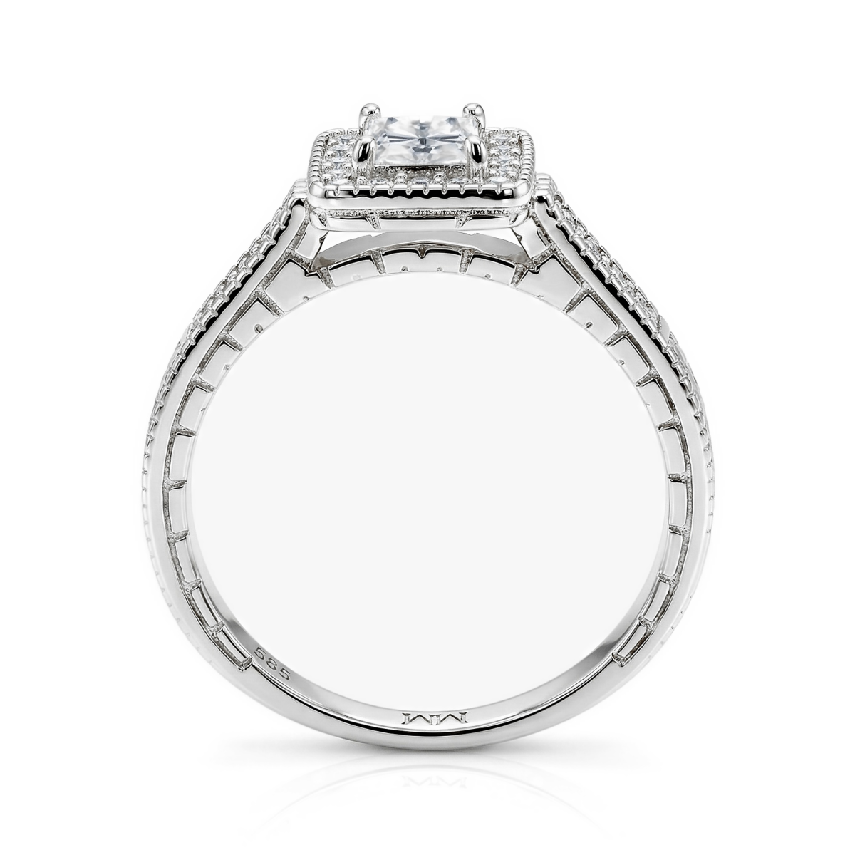 Paragone - Halo-forlovelsesring med moissanite i prinsesseslibning og struktureret ringskinne