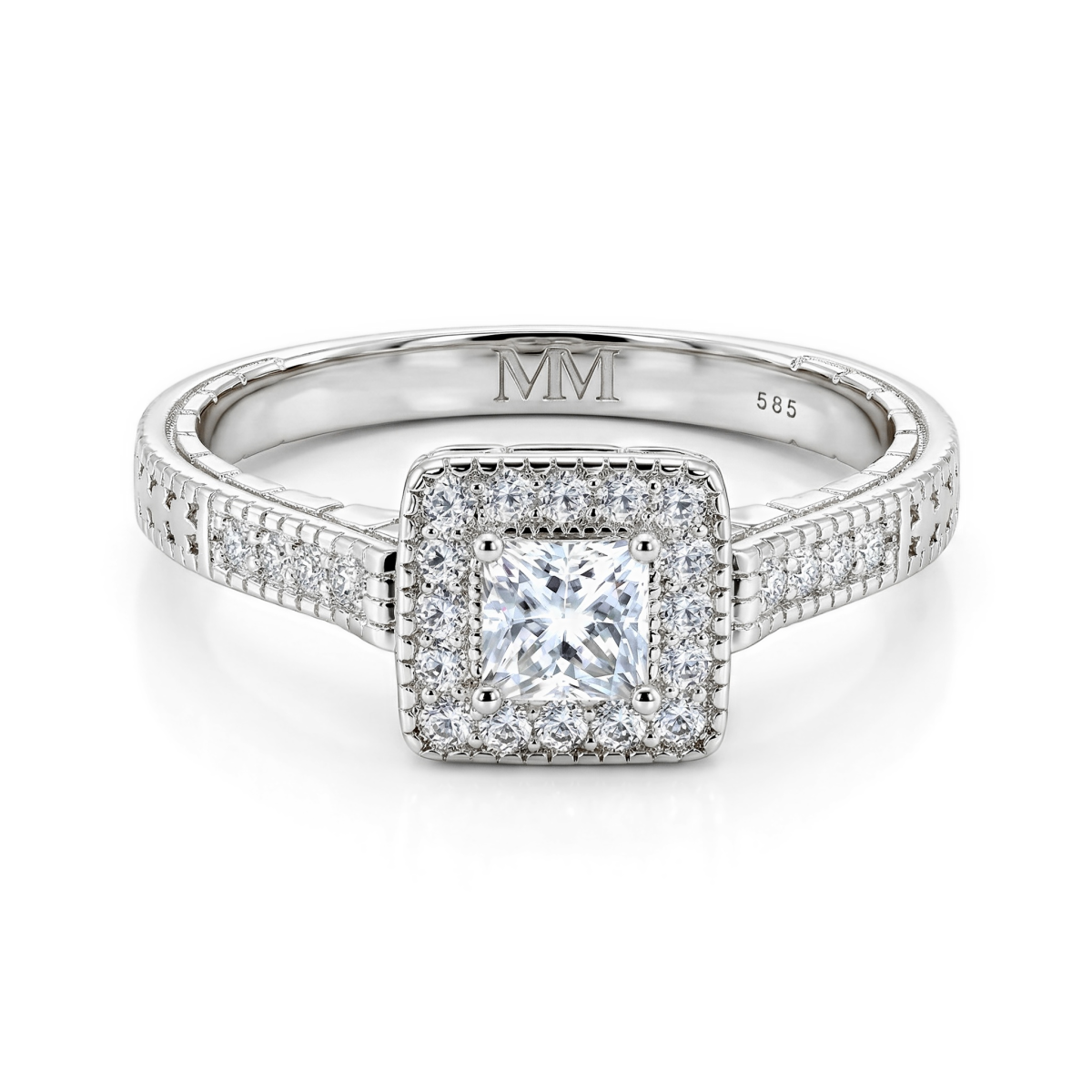 Paragone - Halo-forlovelsesring med moissanite i prinsesseslibning og struktureret ringskinne
