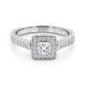Paragone - Halo-forlovelsesring med moissanite i prinsesseslibning og struktureret ringskinne